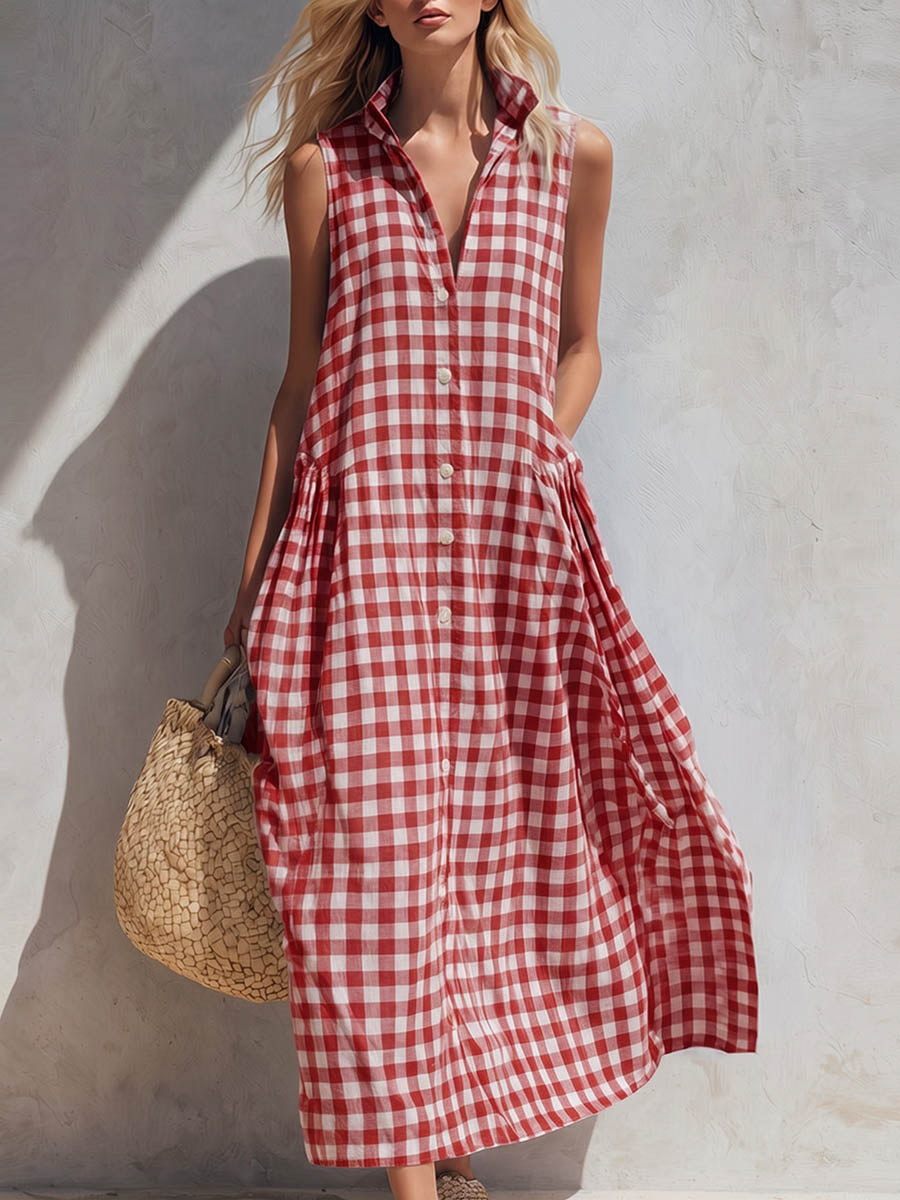 Women's Plaid print V neck Sleeveless Casual Loose Cotton linen Dress, Lily & Sam, image 3