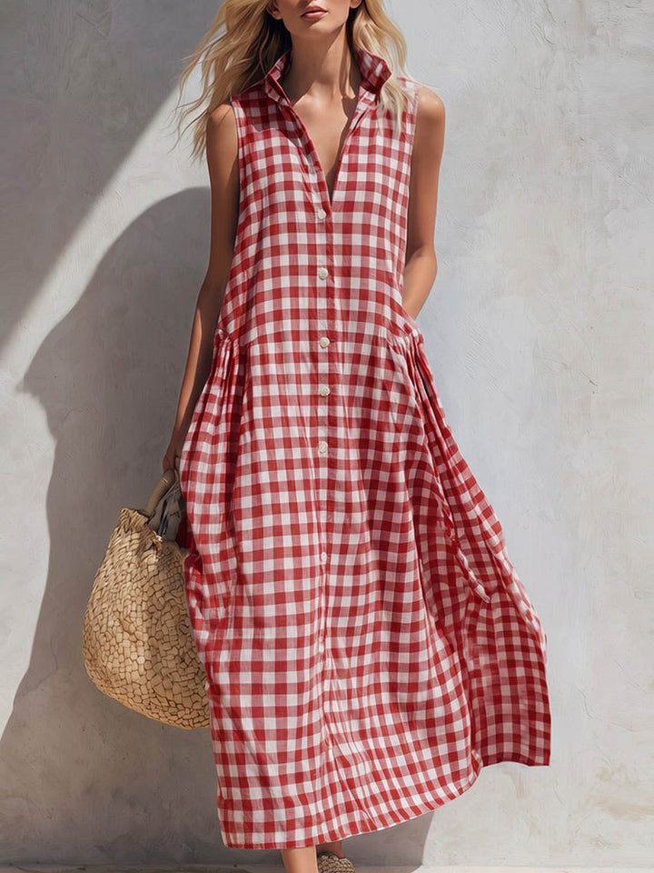Women's Plaid print V neck Sleeveless Casual Loose Cotton linen Dress, Lily & Sam, image 3