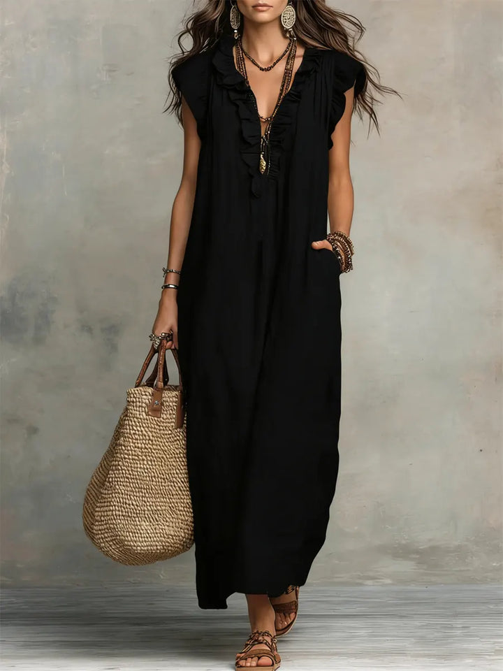 Women's Solid Color Ruffled Art Casual Fashion Cozy Cotton Linen Dress, Lily & Sam, image 5