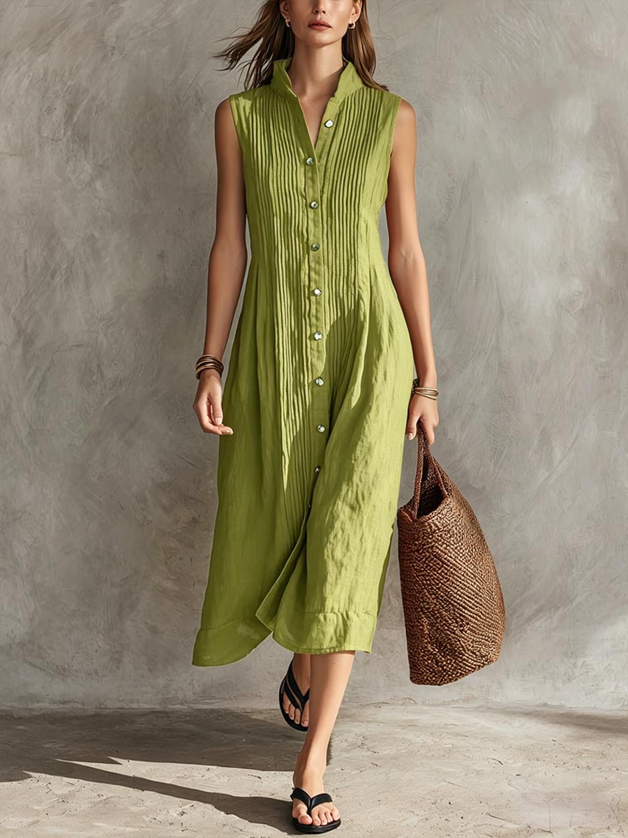 Women's Solid color Stand collar Sleeveless Casual Loose Pleated Cotton linen Dress, Lily & Sam, image 3