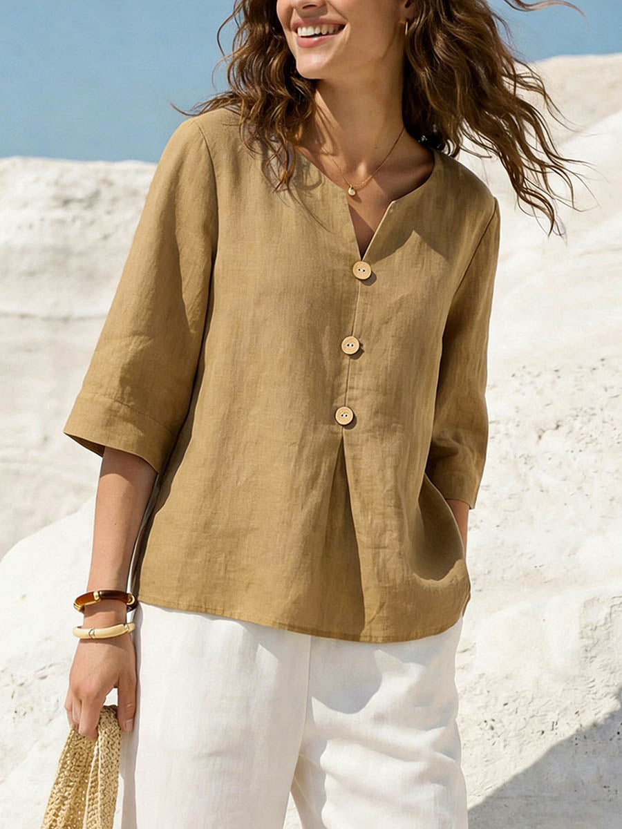 Women's Solid Color V neck 3/4 Sleeve Casual Loose Cotton Linen Top, Lily & Sam, image 4