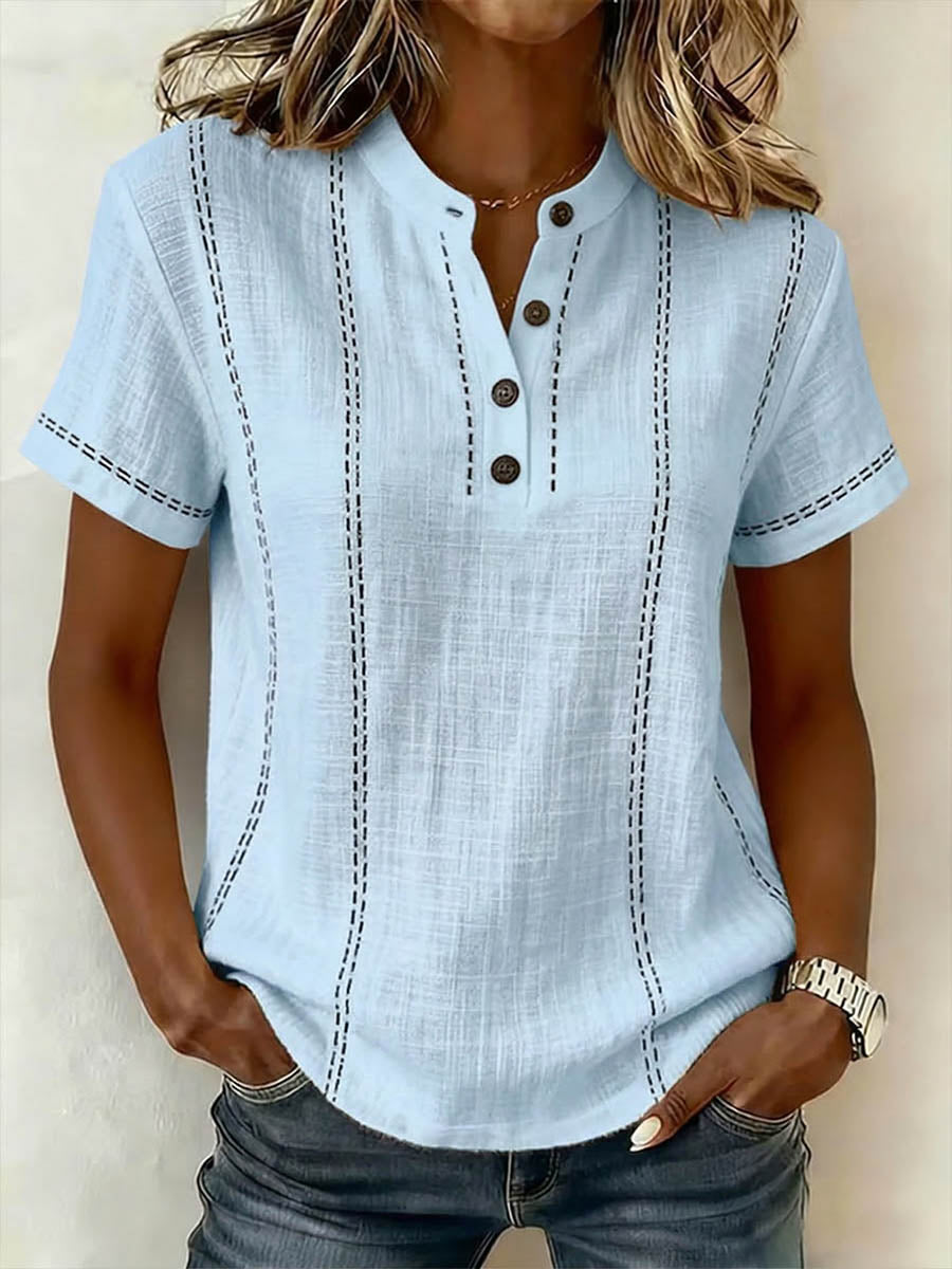Women's V neck Short sleeve Casual Loose Cotton linen Top, Lily & Sam, image 4