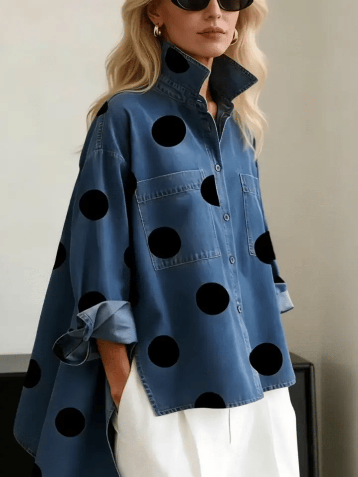 Artistic Polka Dot Print Stand collar Denim Top, Lily & Sam, image 2