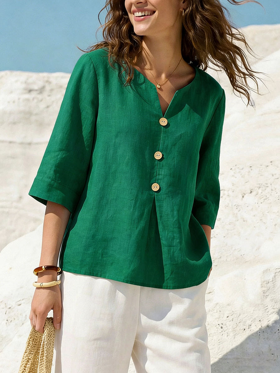 Women's Solid Color V neck 3/4 Sleeve Casual Loose Cotton Linen Top, Lily & Sam, image 5