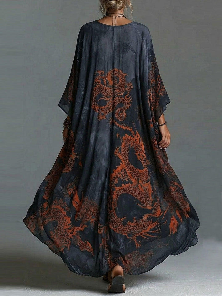 Women's Vintage V neck Long sleeve Casual Loose Cotton linen Dress With Placement Print, Lily & Sam, image 2