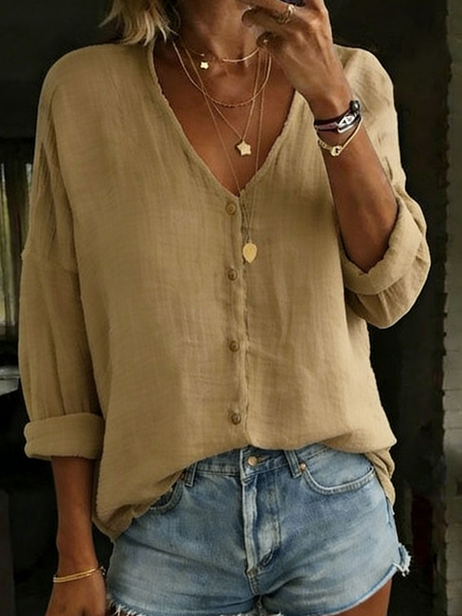 Women's Cotton Linen Loose Solid Color Long sleeved Shirt, Lily & Sam, image 3