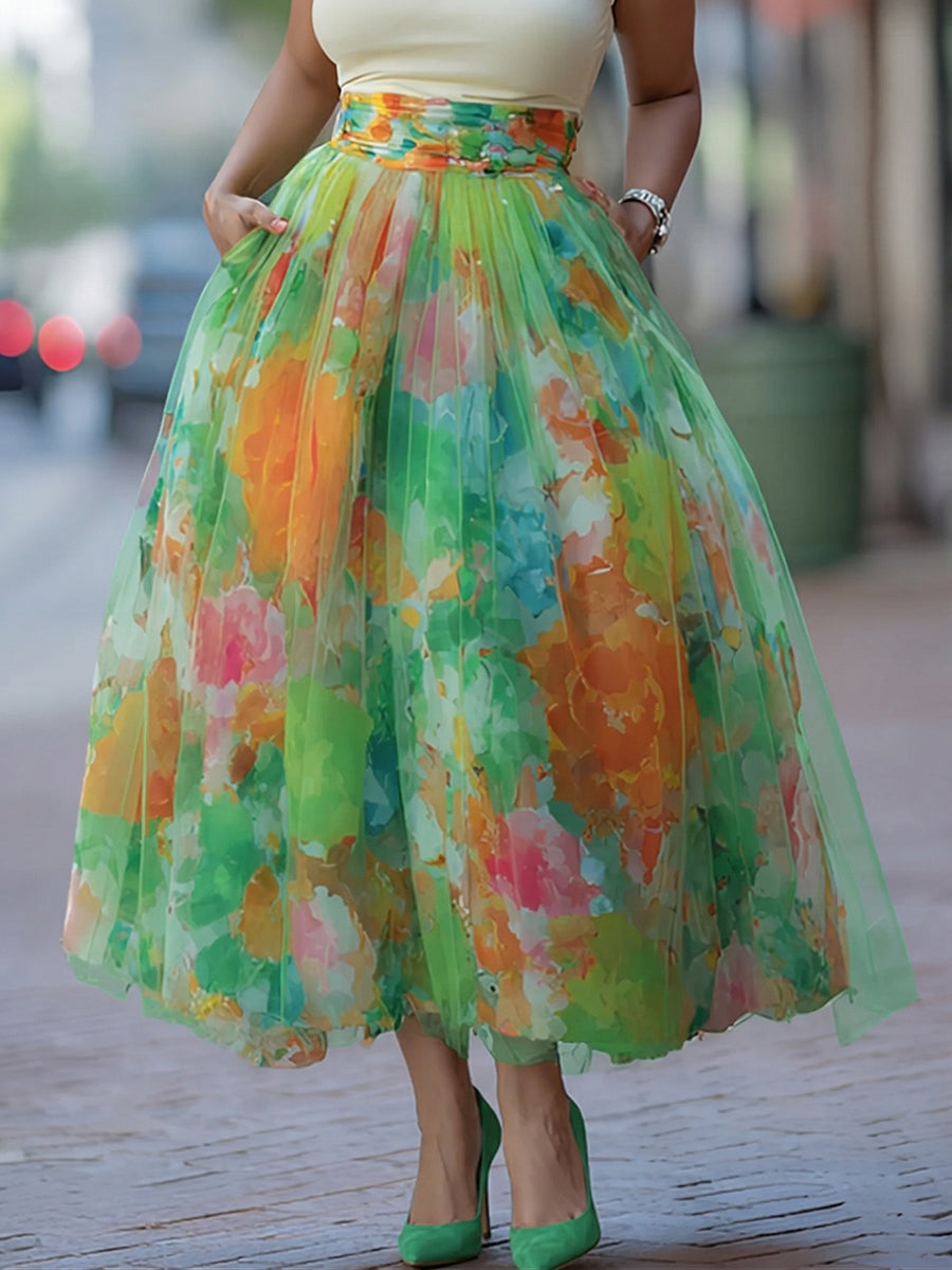 Artistic Watercolor Print Mesh paneled Skirt, Lily & Sam, image 6