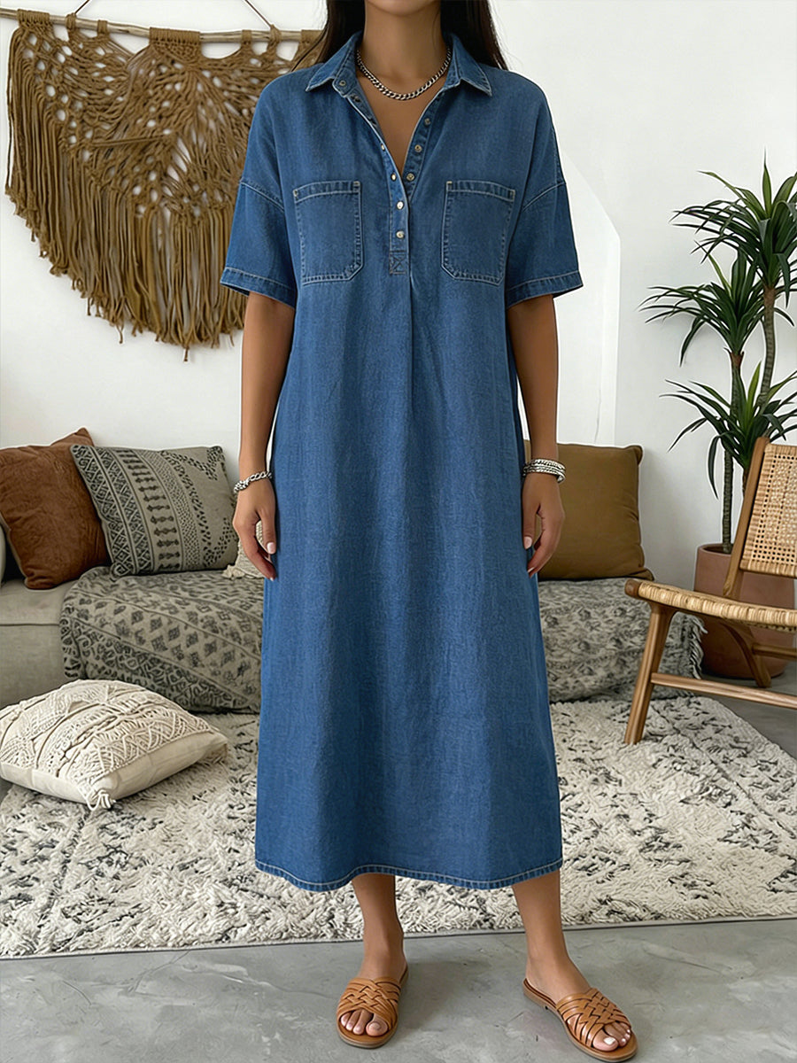 Casual Short sleeved Polo Collar Denim Dress, Lily & Sam, image 1