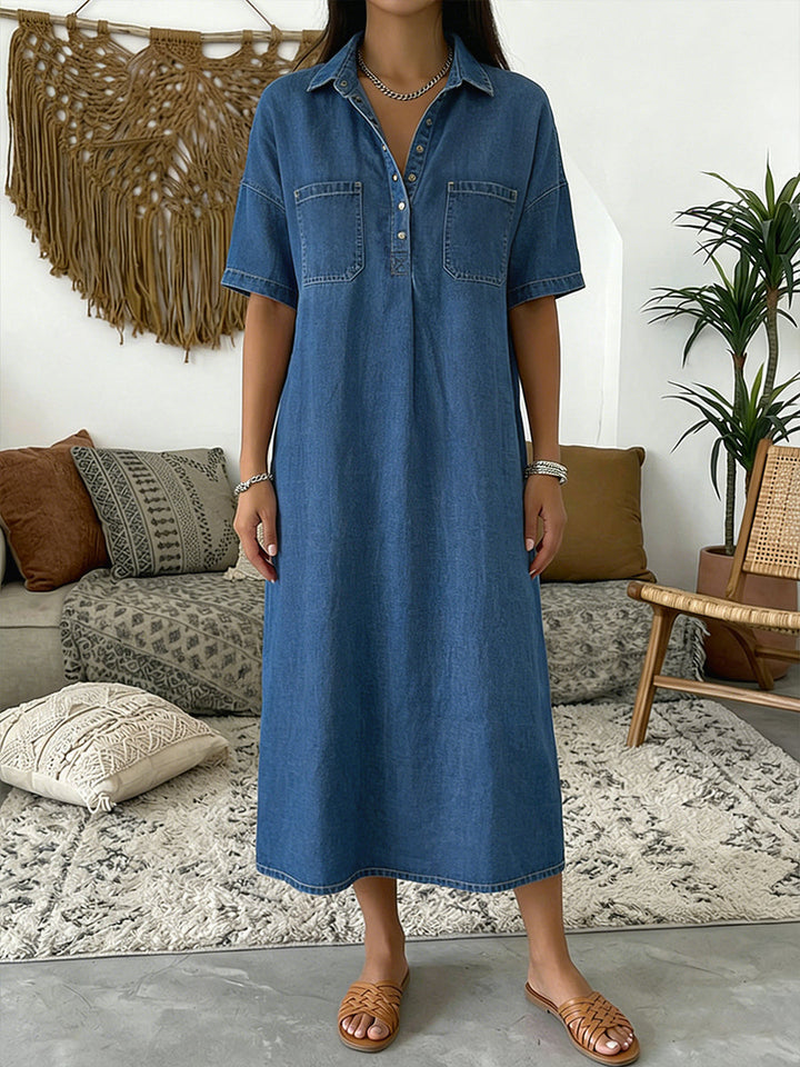 Casual Short sleeved Polo Collar Denim Dress, Lily & Sam, image 1