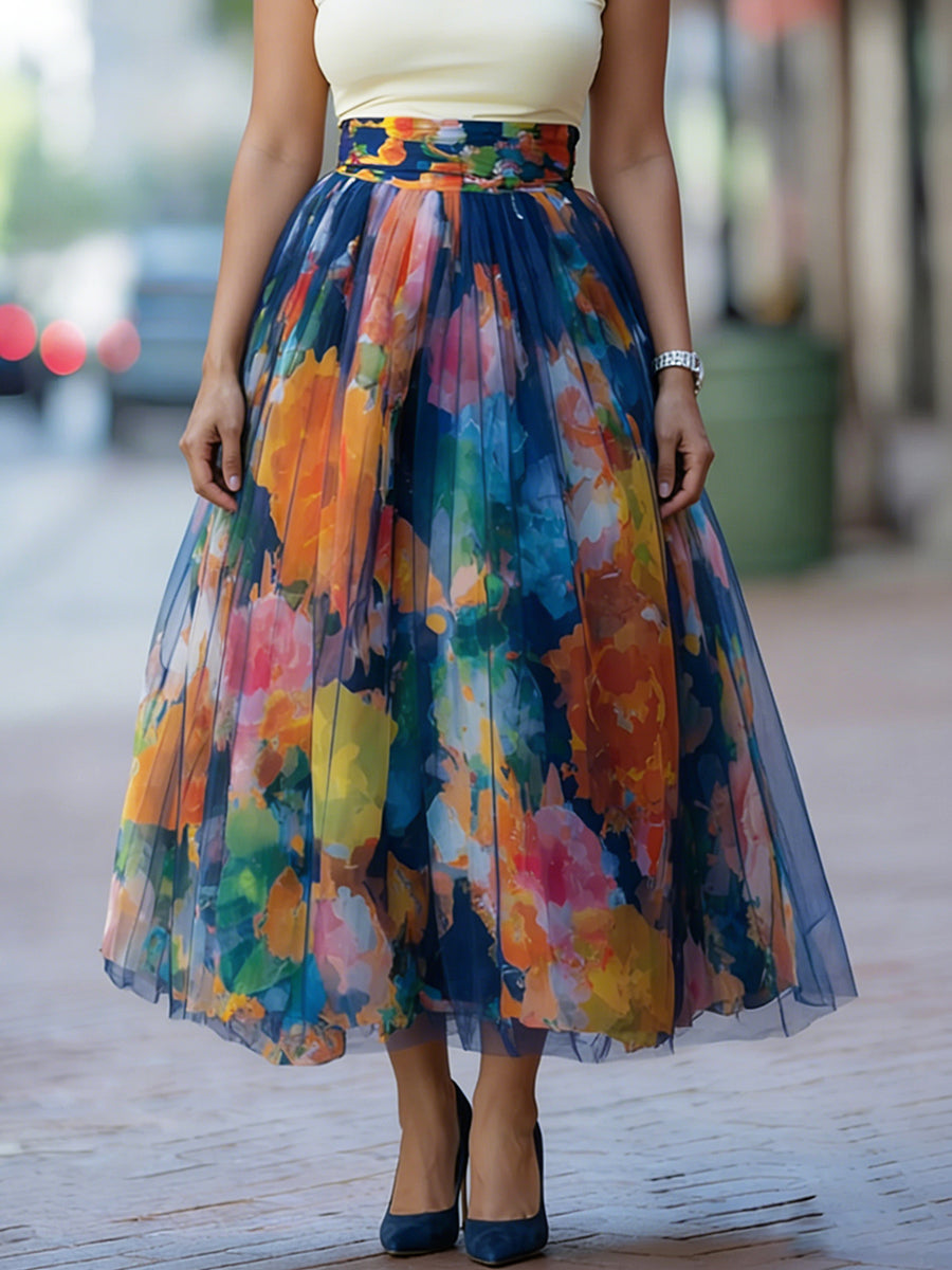 Artistic Watercolor Print Mesh paneled Skirt, Lily & Sam, image 4