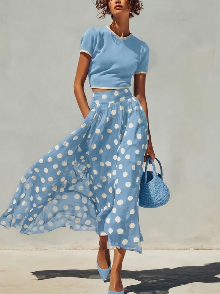 Stylish And Two piece Set: Knitted Pullover Top And Polka dot Skirt, Lily & Sam, image 3