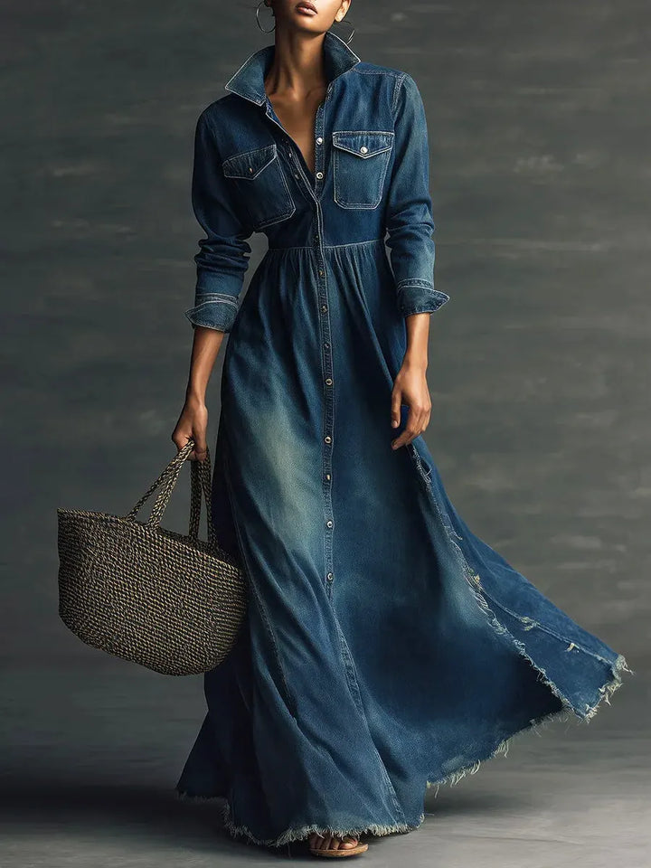 Women Stylish Art Stand Collar Washed Denim Midi Dress, Lily & Sam, image 1