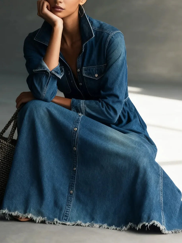 Women Stylish Art Stand Collar Washed Denim Midi Dress, Lily & Sam, image 4