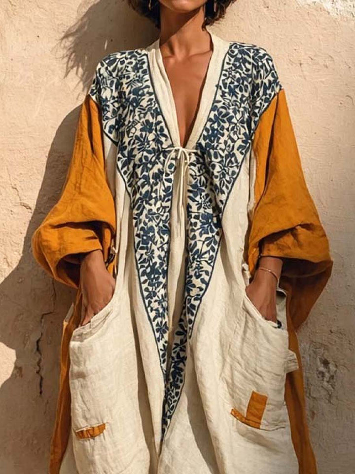 Women's Vintage Art Print V neck Long Sleeve Cotton Linen Jumpsuit, Lily & Sam, image 3