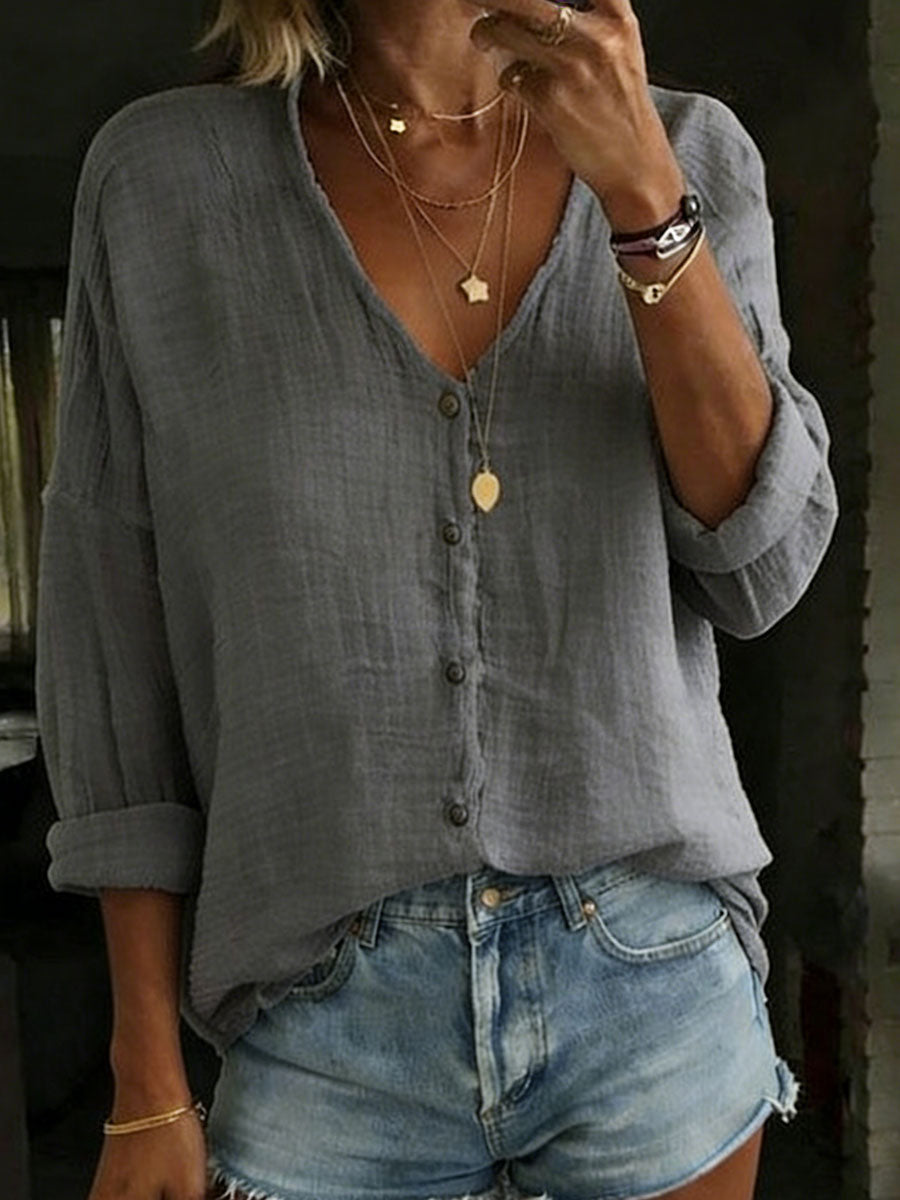 Women's Cotton Linen Loose Solid Color Long sleeved Shirt, Lily & Sam, image 6