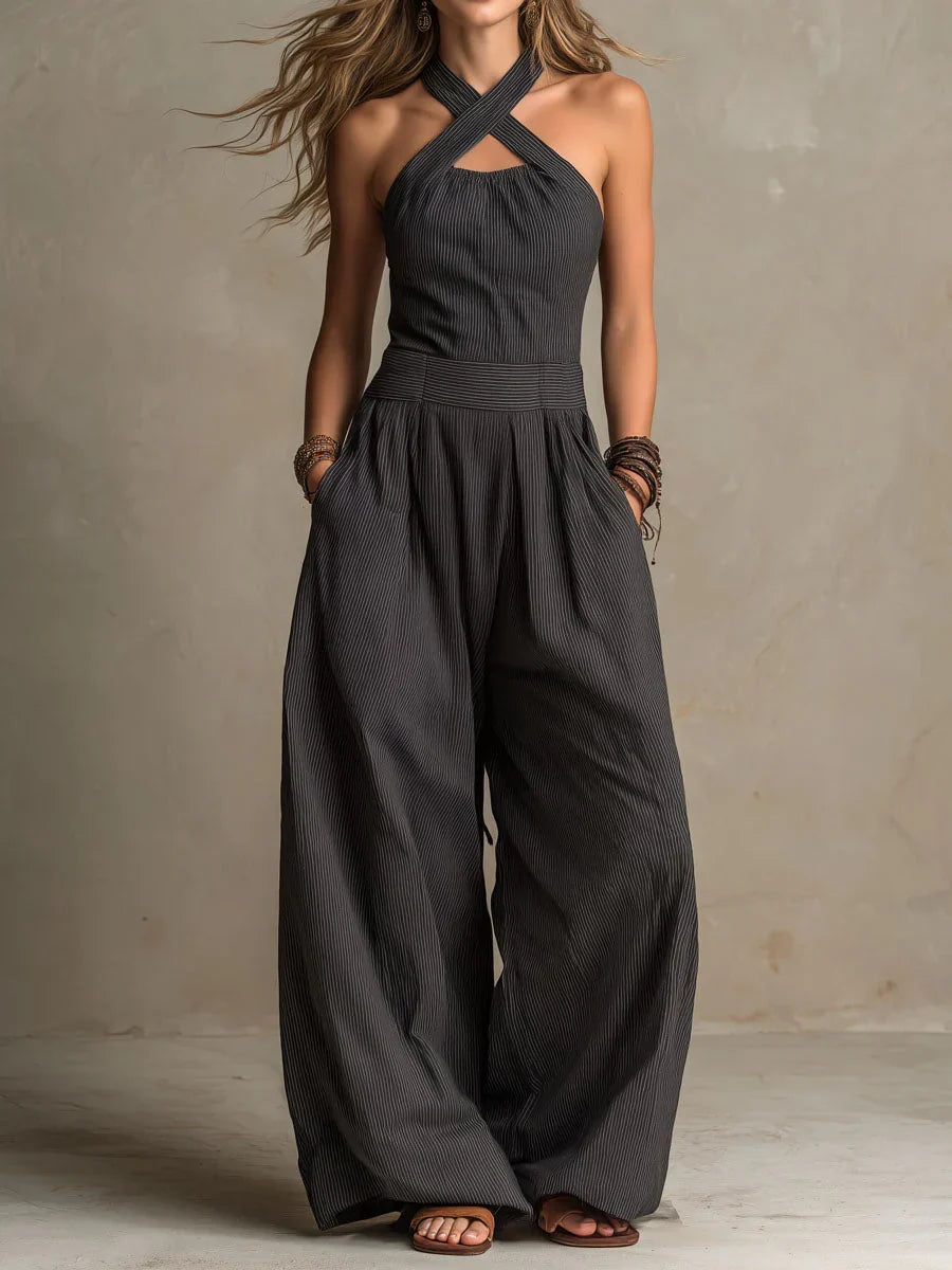 Women's Cross neck Halter Design Cotton linen Jumpsuit, Lily & Sam, image 1