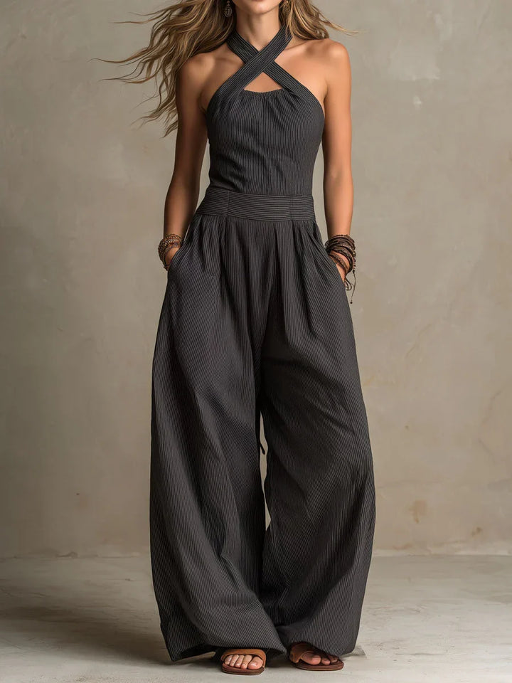 Women's Cross neck Halter Design Cotton linen Jumpsuit, Lily & Sam, image 1
