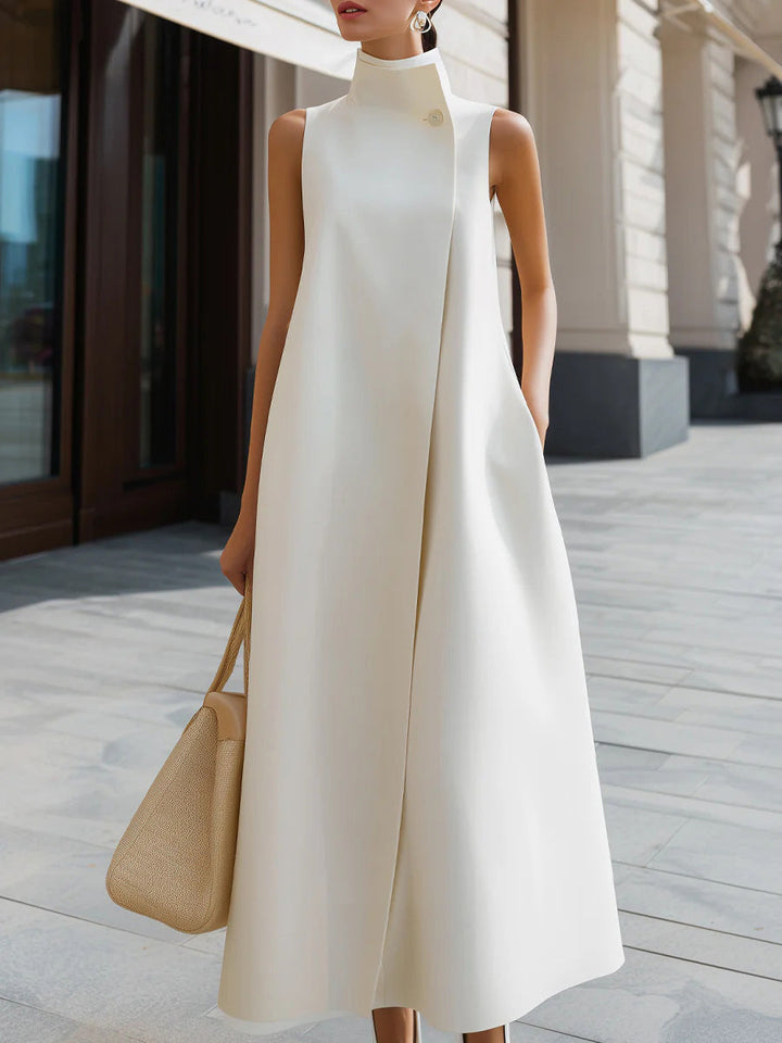 Women's Solid Color Stand Collar Sleeveless Casual Loose Cotton Linen Dress, Lily & Sam, image 1