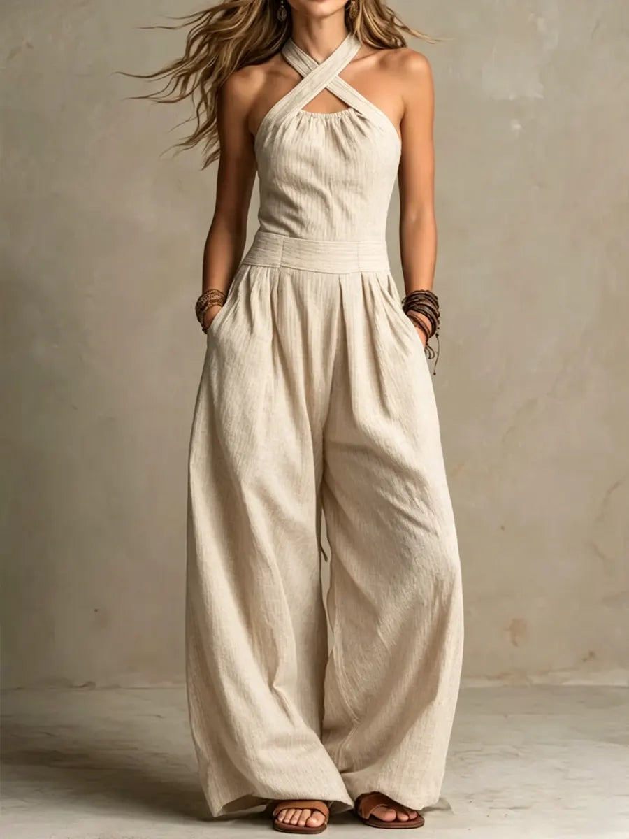 Women's Cross neck Halter Design Cotton linen Jumpsuit, Lily & Sam, image 3
