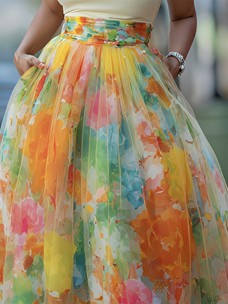 Artistic Watercolor Print Mesh paneled Skirt, Lily & Sam, image 2