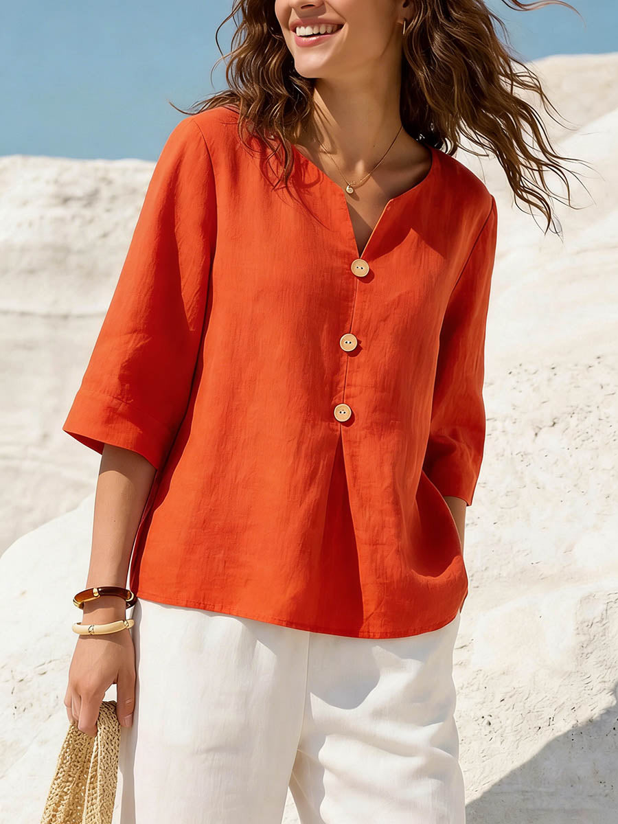 Women's Solid Color V neck 3/4 Sleeve Casual Loose Cotton Linen Top, Lily & Sam, image 6