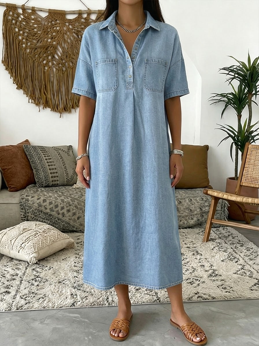 Casual Short sleeved Polo Collar Denim Dress, Lily & Sam, image 3