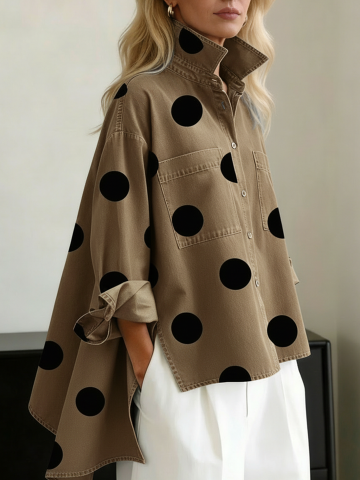 Artistic Polka Dot Print Stand collar Denim Top, Lily & Sam, image 5