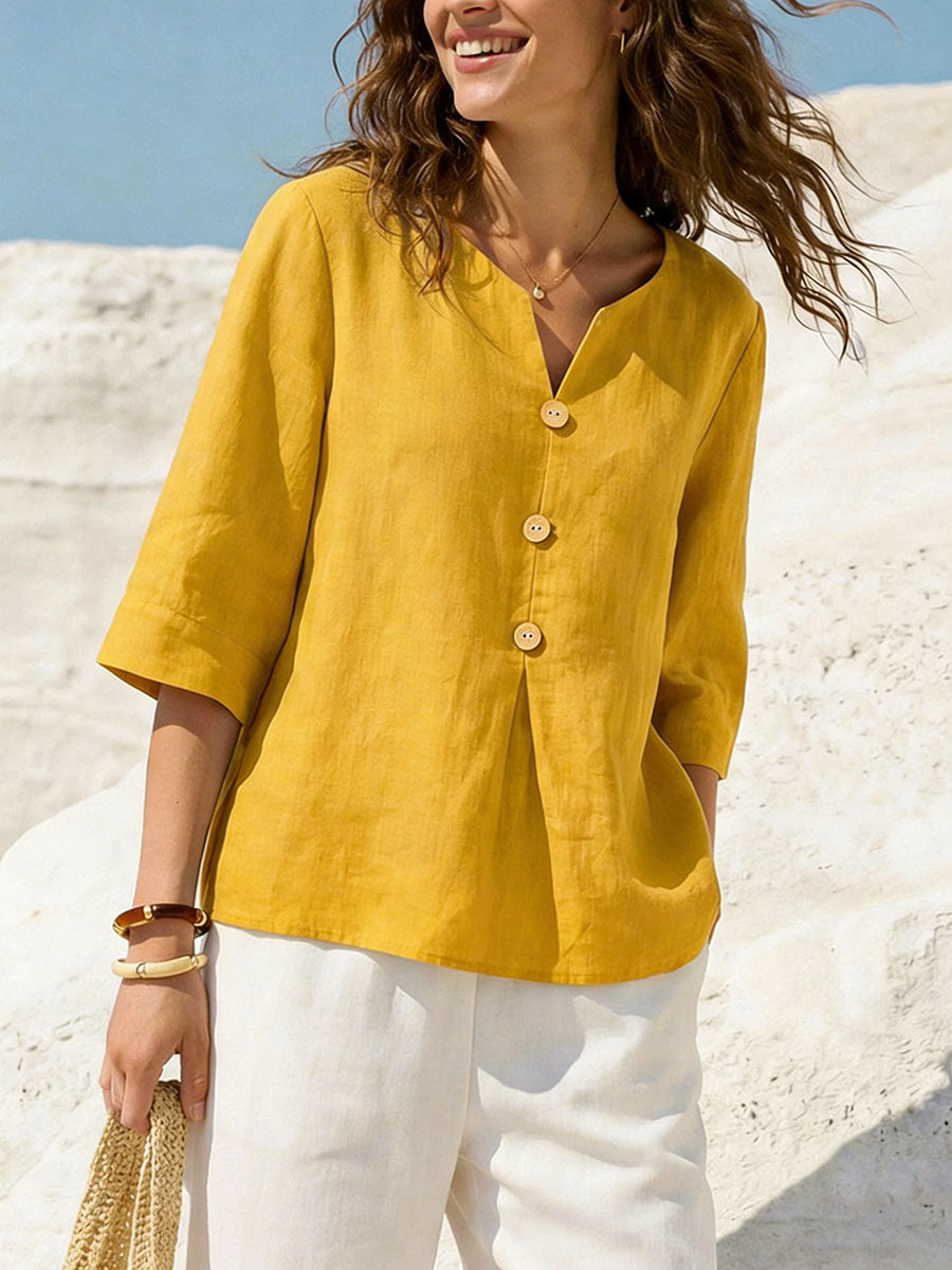 Women's Solid Color V neck 3/4 Sleeve Casual Loose Cotton Linen Top, Lily & Sam, image 3