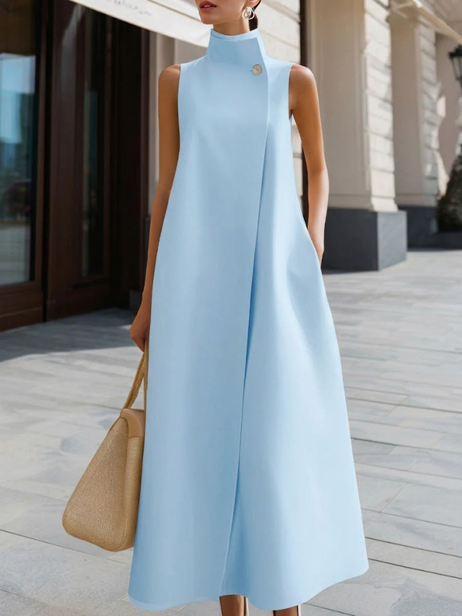 Women's Solid Color Stand Collar Sleeveless Casual Loose Cotton Linen Dress, Lily & Sam, image 3