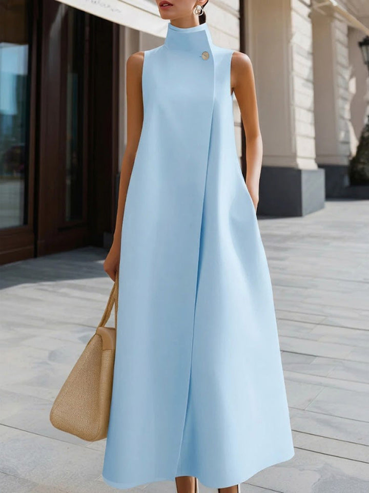 Women's Solid Color Stand Collar Sleeveless Casual Loose Cotton Linen Dress, Lily & Sam, image 3