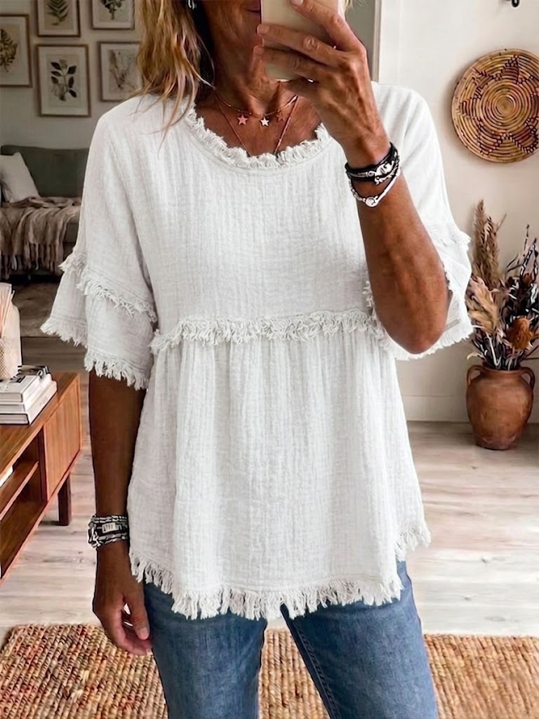 Casual Short sleeve Raw hem Linen blend Top, Lily & Sam, image 2