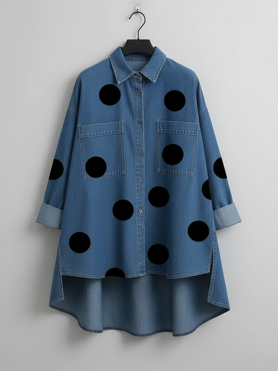 Artistic Polka Dot Print Stand collar Denim Top, Lily & Sam, image 7