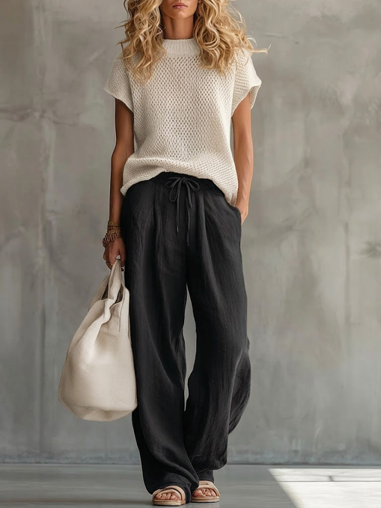Casual Knitted Pullover Top And Linen cotton Trousers Two piece Set, Lily & Sam, image 4