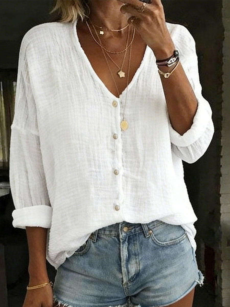 Women's Cotton Linen Loose Solid Color Long sleeved Shirt, Lily & Sam, image 1