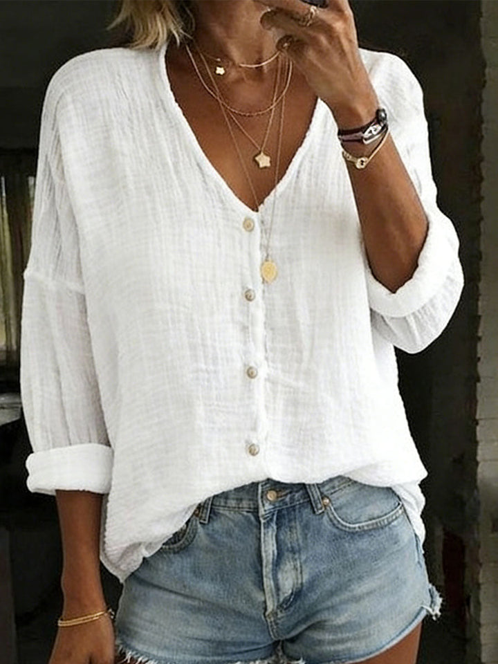 Women's Cotton Linen Loose Solid Color Long sleeved Shirt, Lily & Sam, image 1