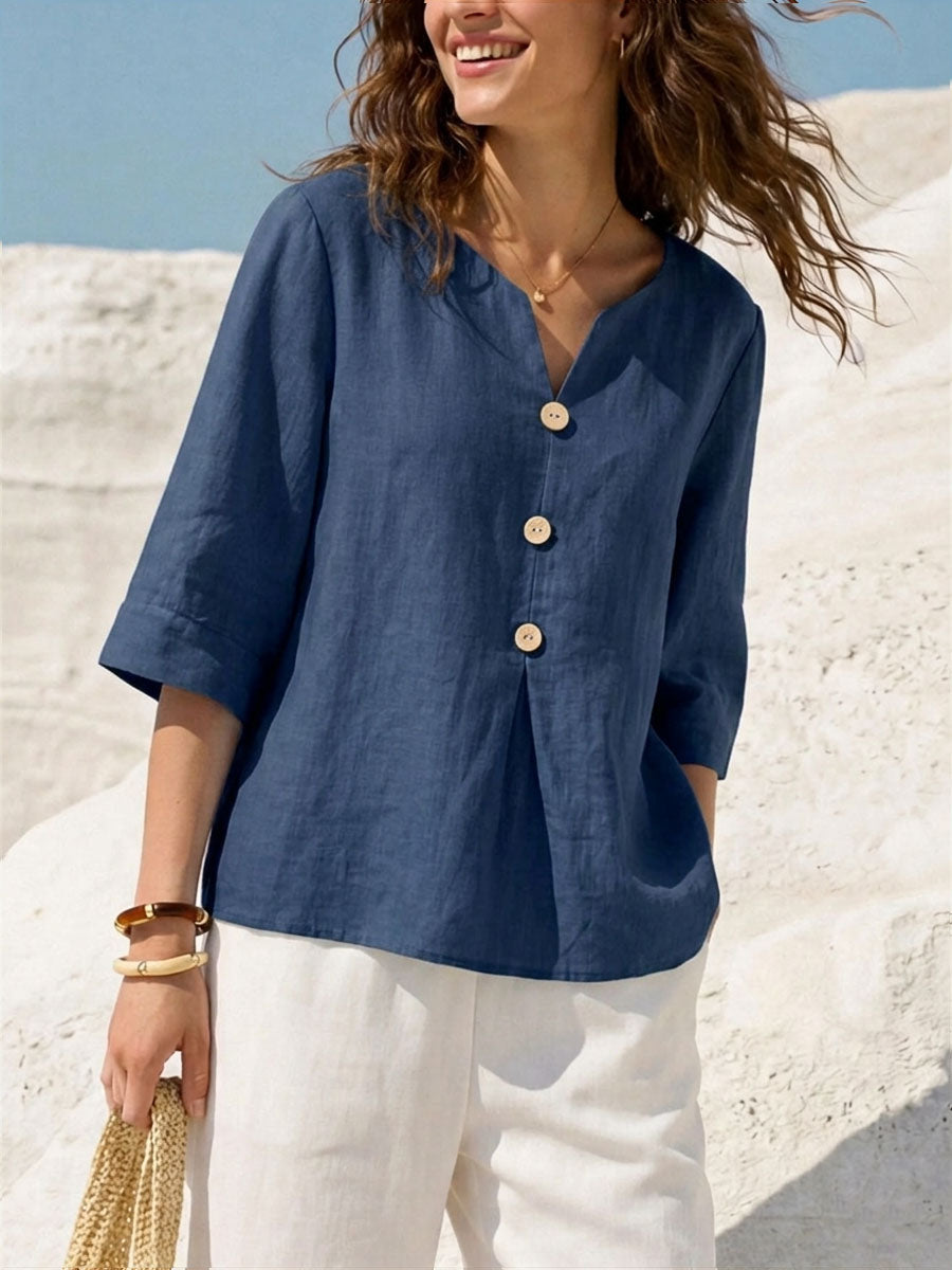 Women's Solid Color V neck 3/4 Sleeve Casual Loose Cotton Linen Top, Lily & Sam, image 7