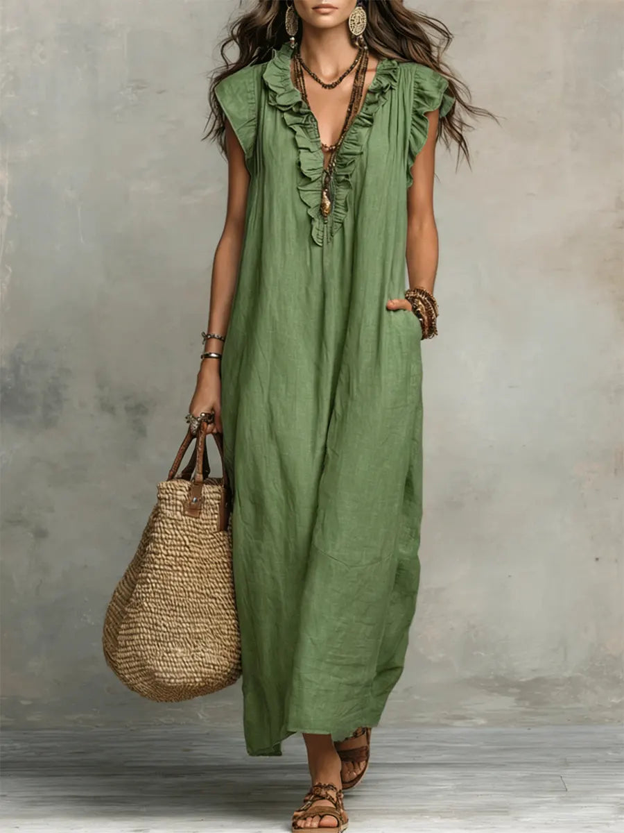 Women's Solid Color Ruffled Art Casual Fashion Cozy Cotton Linen Dress, Lily & Sam, image 1