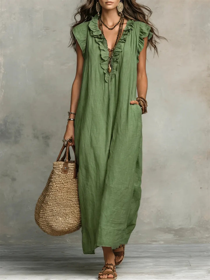 Women's Solid Color Ruffled Art Casual Fashion Cozy Cotton Linen Dress, Lily & Sam, image 1