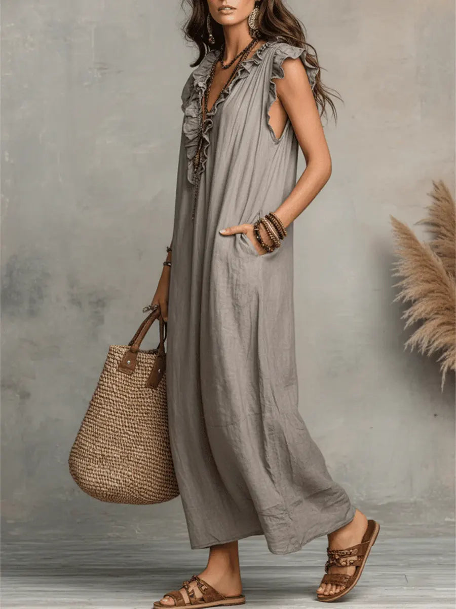Women's Solid Color Ruffled Art Casual Fashion Cozy Cotton Linen Dress, Lily & Sam, image 7