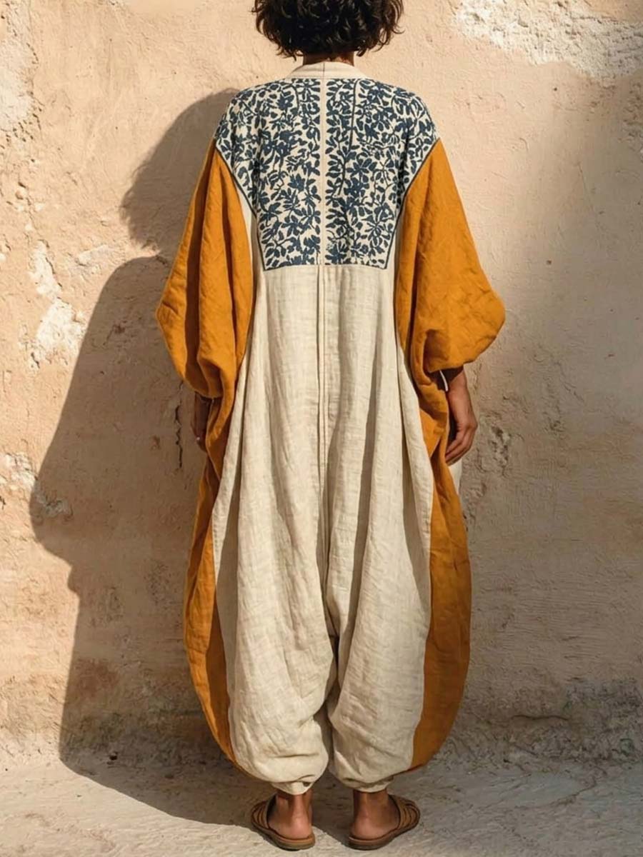 Women's Vintage Art Print V neck Long Sleeve Cotton Linen Jumpsuit, Lily & Sam, image 2