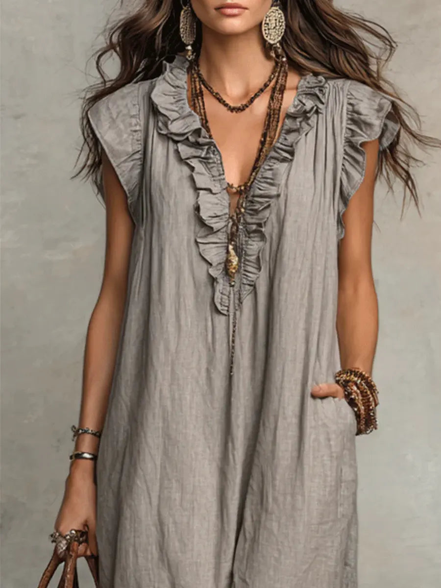 Women's Solid Color Ruffled Art Casual Fashion Cozy Cotton Linen Dress, Lily & Sam, image 9