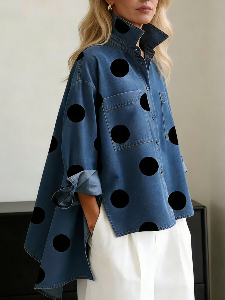 Artistic Polka Dot Print Stand collar Denim Top, Lily & Sam, image 1