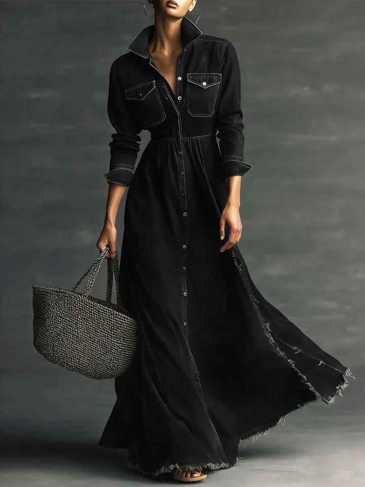 Women Stylish Art Stand Collar Washed Denim Midi Dress, Lily & Sam, image 8