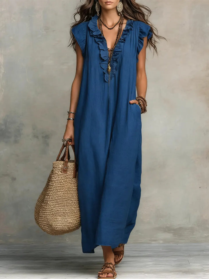 Women's Solid Color Ruffled Art Casual Fashion Cozy Cotton Linen Dress, Lily & Sam, image 2