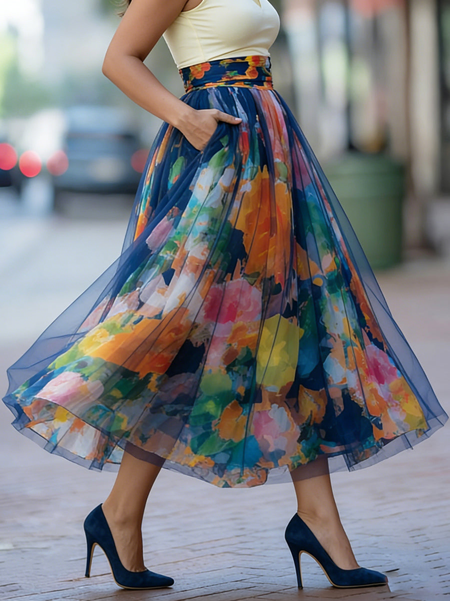 Artistic Watercolor Print Mesh paneled Skirt, Lily & Sam, image 3