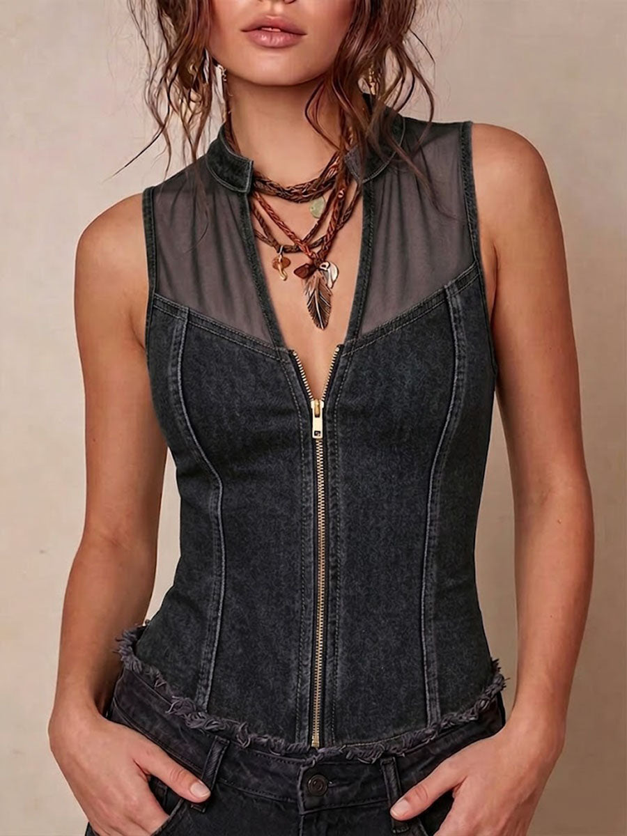 Women's V neck Sleeveless Casual Loose Denim paneled Top, Lily & Sam, image 4