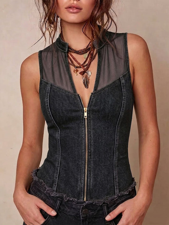 Women's V neck Sleeveless Casual Loose Denim paneled Top, Lily & Sam, image 4