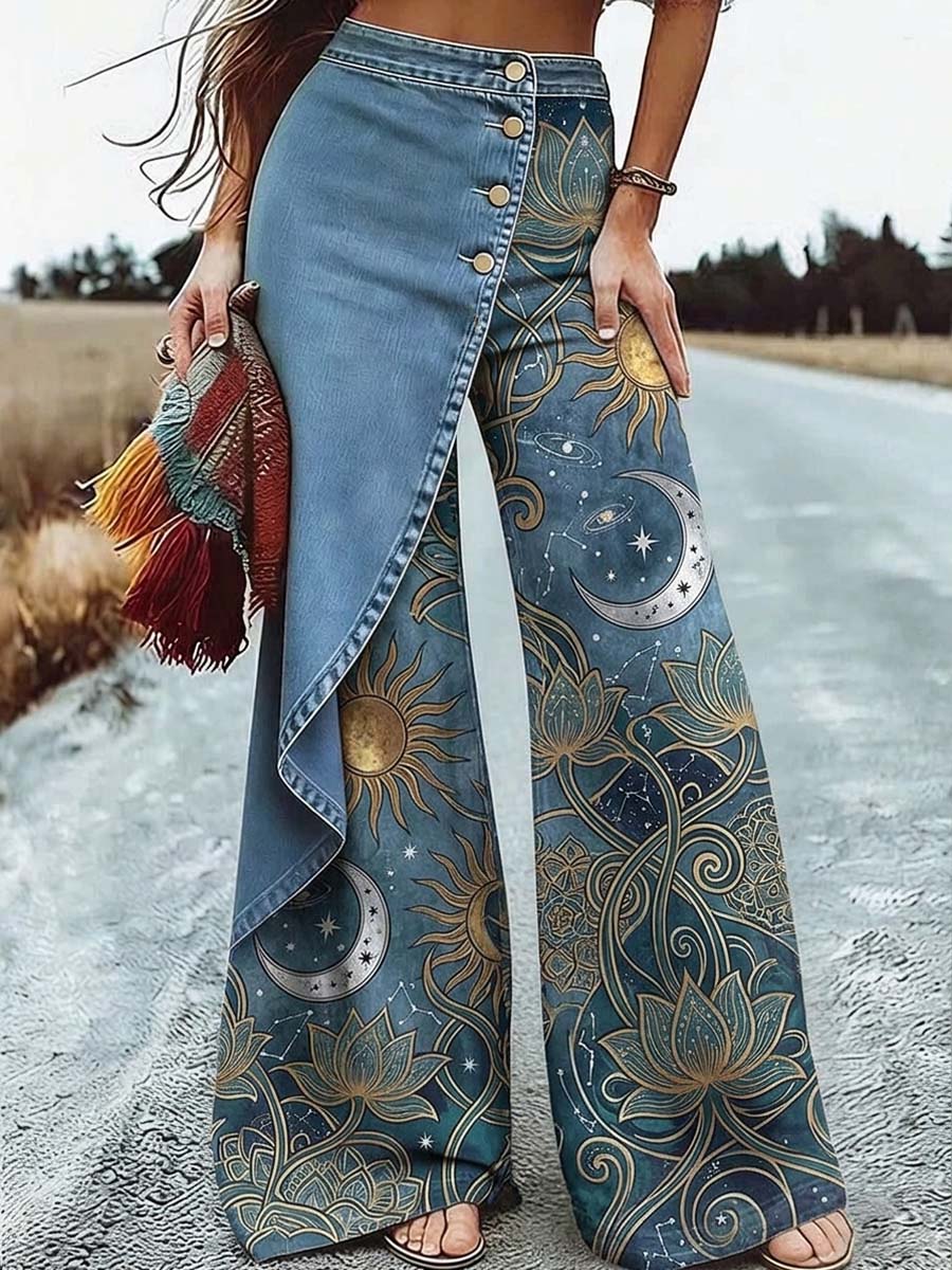 Women's Retro Floral Moon Art Print Casual Denim Jeans, Lily & Sam, image 1