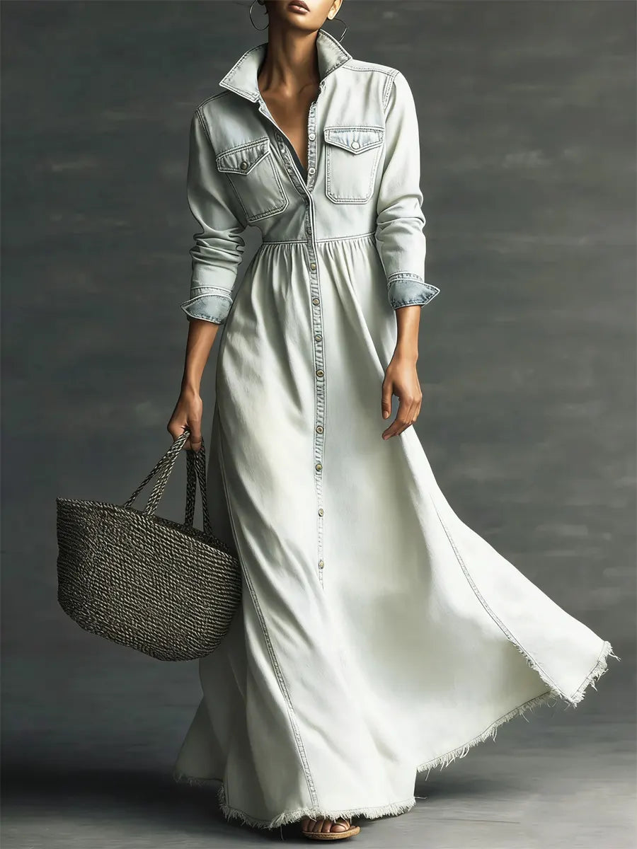 Women Stylish Art Stand Collar Washed Denim Midi Dress, Lily & Sam, image 7