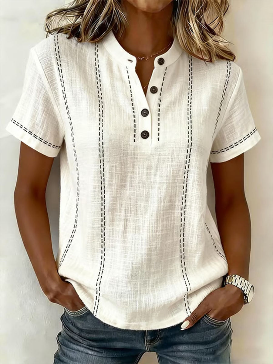 Women's V neck Short sleeve Casual Loose Cotton linen Top, Lily & Sam, image 1